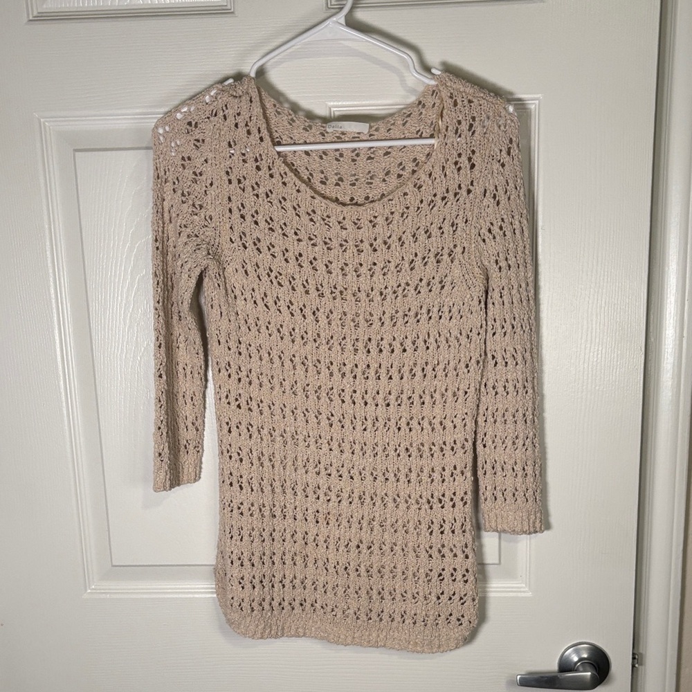 Women's Crochet Knit Sweater Top 3/4 Sleeve Boho Lightweight Small
